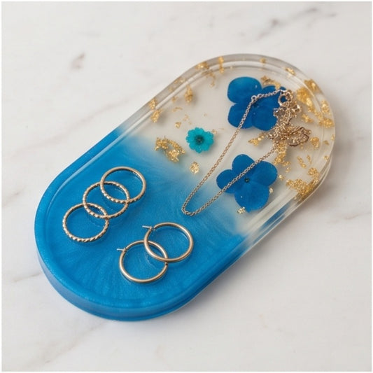 Resin Jewelry Tray – Blue Ombre Pressed Flower Handmade