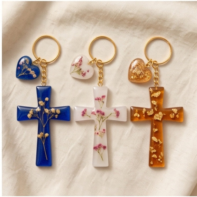 Green Color with Dried Flowers Resin Cross Keychain