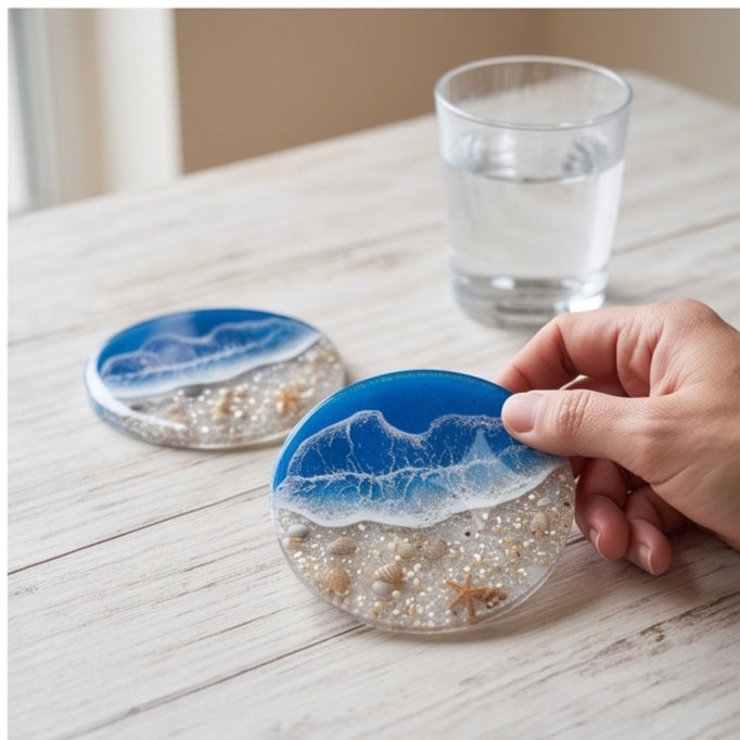 Ocean Wave Resin Coaster Set with Holder