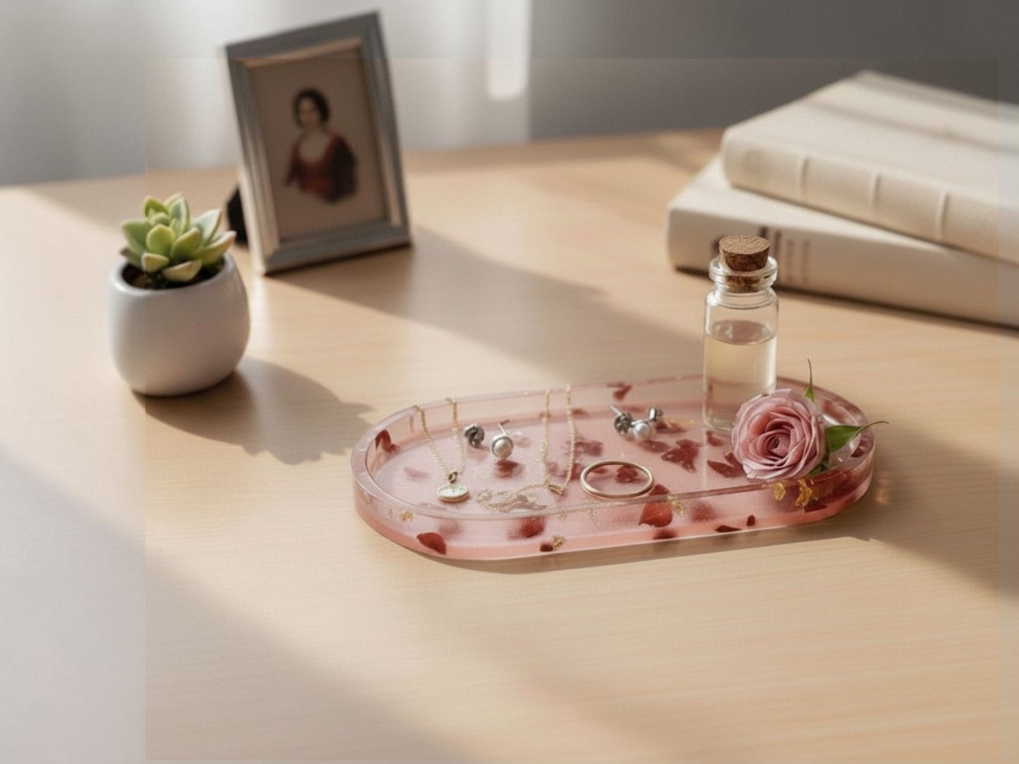 Pink Rose Petal Resin Jewelry Tray