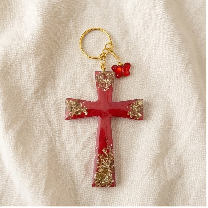 Red Gold Glitter Resin Cross Keychain