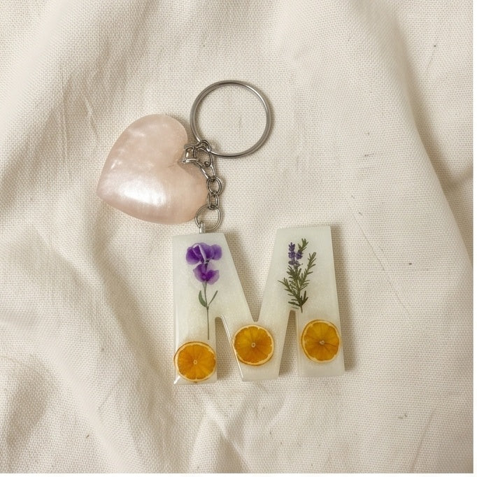 Clear Pressed Flower & Citrus Resin Letter Keychain