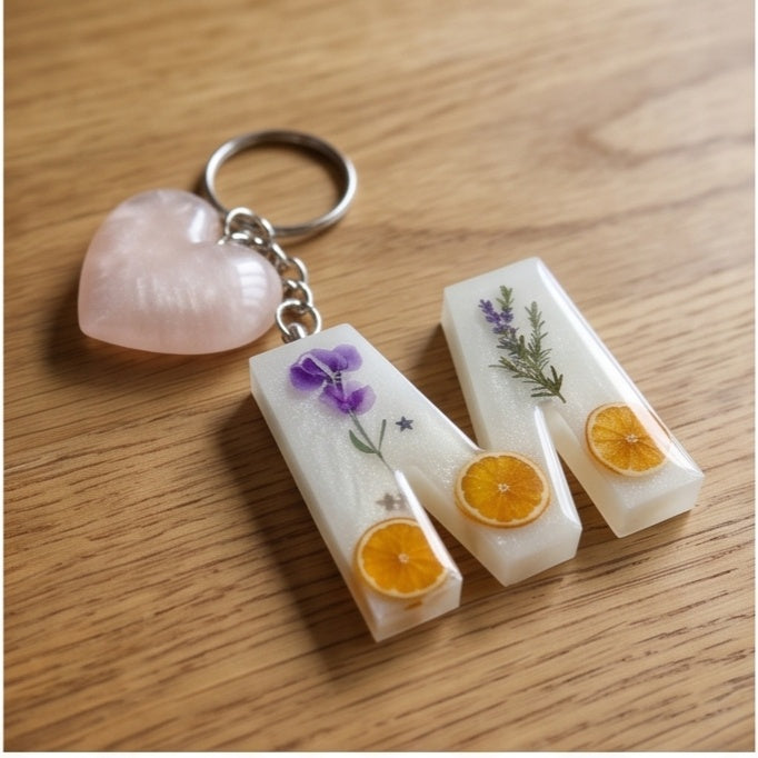 Clear Pressed Flower & Citrus Resin Letter Keychain