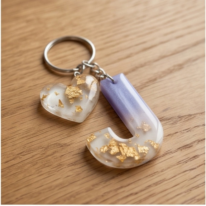 Lavender Ombre Gold Leaf Resin Letter Keychain