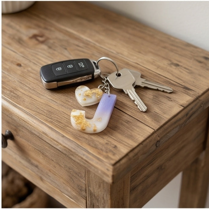 Lavender Ombre Gold Leaf Resin Letter Keychain