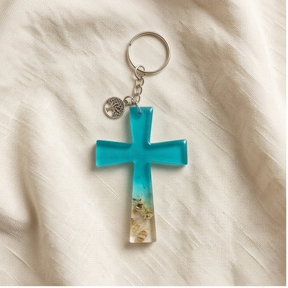 Turquoise Ocean Ombre Resin Cross Keychain