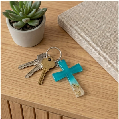 Turquoise Ocean Ombre Resin Cross Keychain