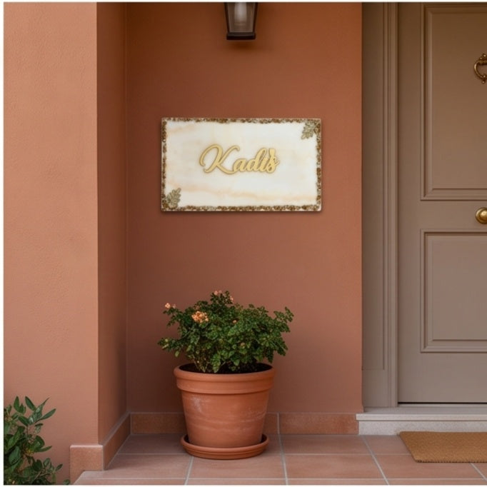 White Marble Gold Glitter House Name Plate