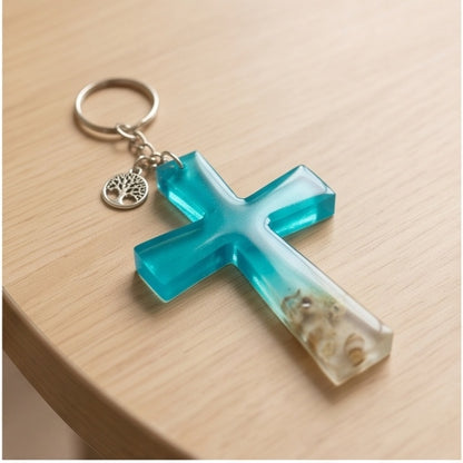 Turquoise Ocean Ombre Resin Cross Keychain