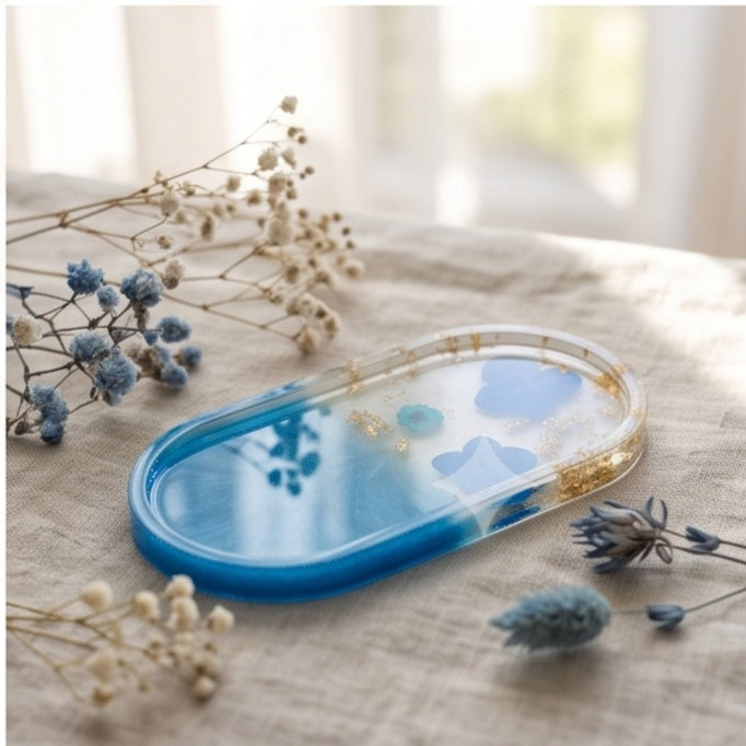 Blue Ombre Pressed Flower Resin Jewelry Tray