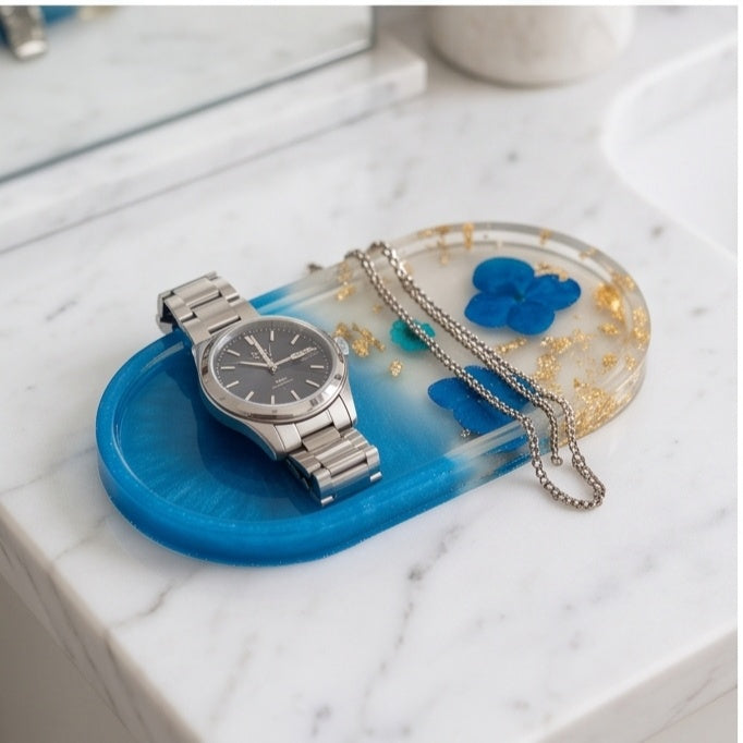 Blue Ombre Pressed Flower Resin Jewelry Tray