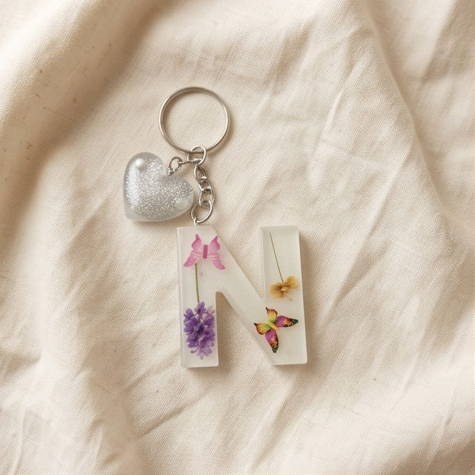 White Pressed Flower Butterfly Resin Letter Keychain