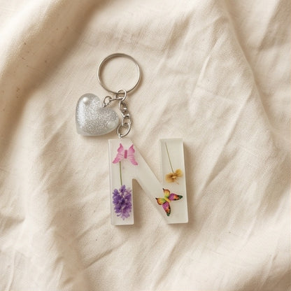 White Pressed Flower Butterfly Resin Letter Keychain