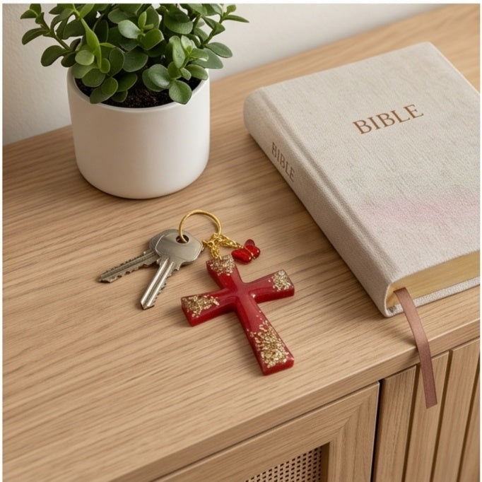 Red Gold Glitter Resin Cross Keychain