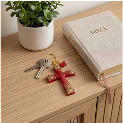 Red Gold Glitter Resin Cross Keychain
