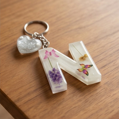 White Pressed Flower Butterfly Resin Letter Keychain