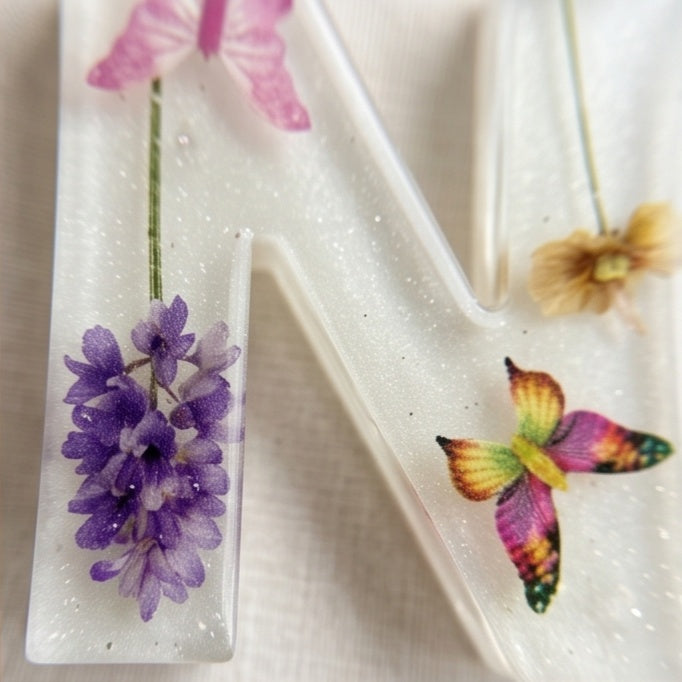 White Pressed Flower Butterfly Resin Letter Keychain