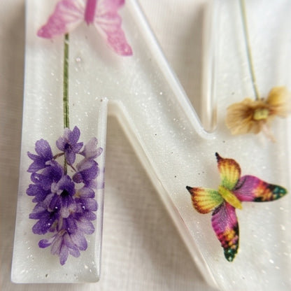 White Pressed Flower Butterfly Resin Letter Keychain
