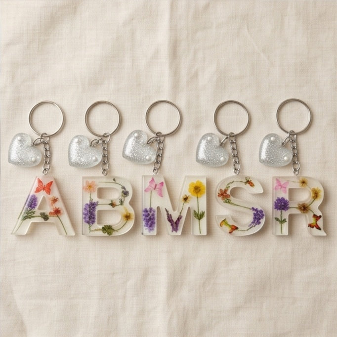 White Pressed Flower Butterfly Resin Letter Keychain