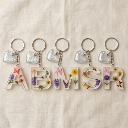 White Pressed Flower Butterfly Resin Letter Keychain