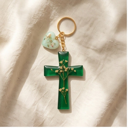 Green Color with Dried Flowers Resin Cross Keychain