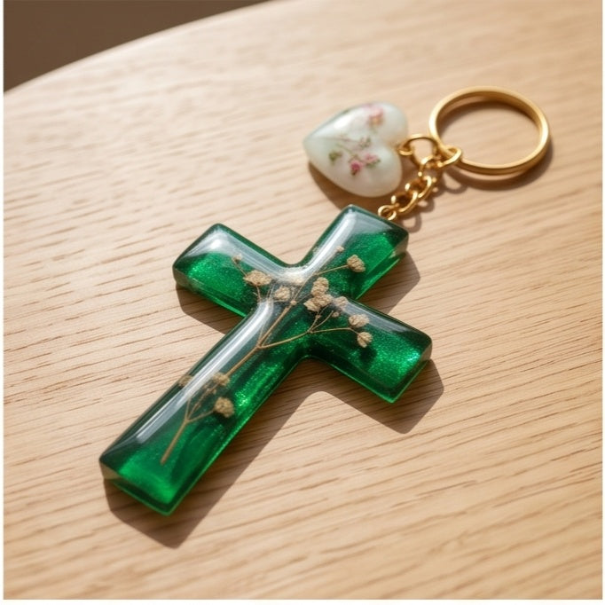 Green Color with Dried Flowers Resin Cross Keychain