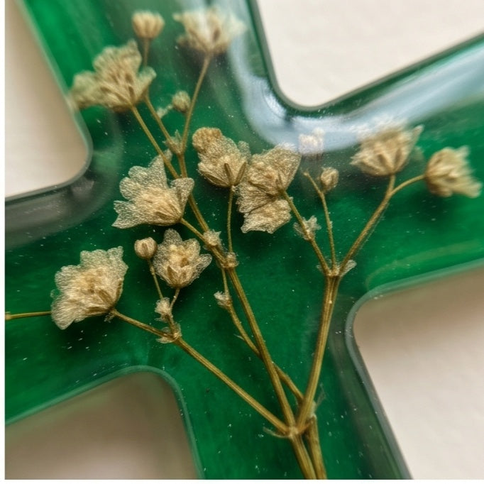 Green Color with Dried Flowers Resin Cross Keychain