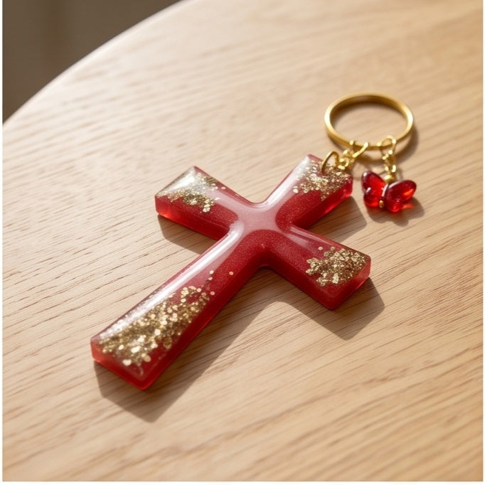 Red Gold Glitter Resin Cross Keychain