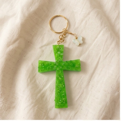 Lime Green Glitter Star Resin Cross Keychain
