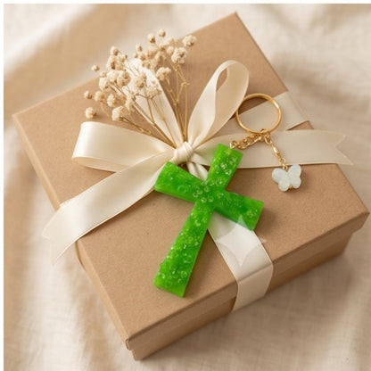 Lime Green Glitter Star Resin Cross Keychain