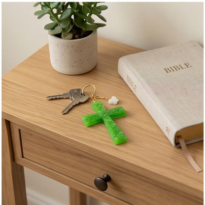 Lime Green Glitter Star Resin Cross Keychain