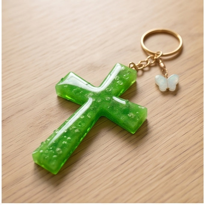 Lime Green Glitter Star Resin Cross Keychain