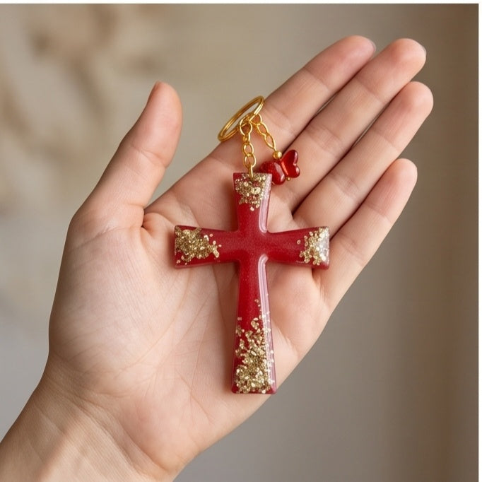 Red Gold Glitter Resin Cross Keychain