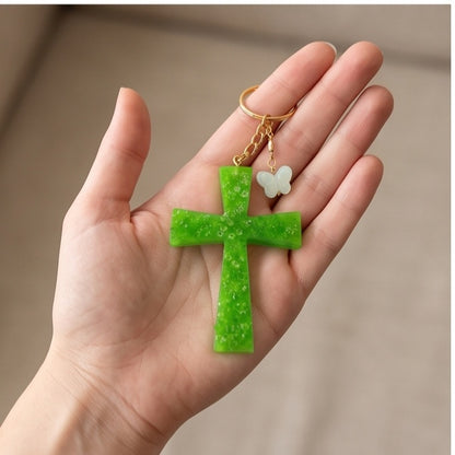 Lime Green Glitter Star Resin Cross Keychain