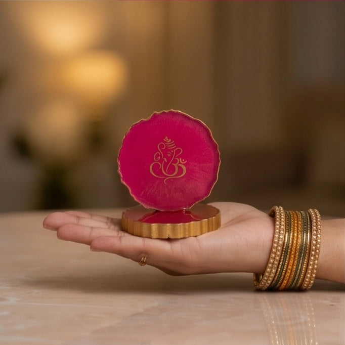 Pink Resin Ganesha Keepsake with Gold Scalloped Edge