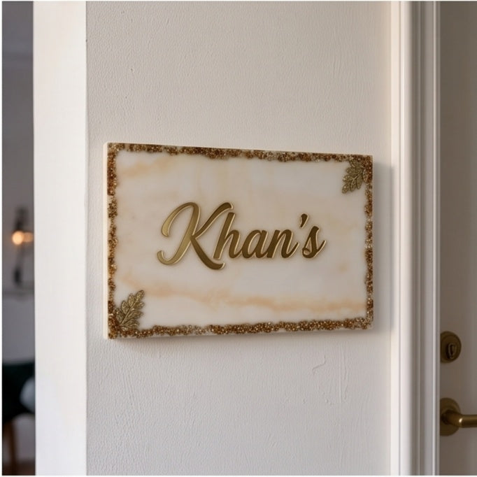 White Marble Gold Glitter House Name Plate
