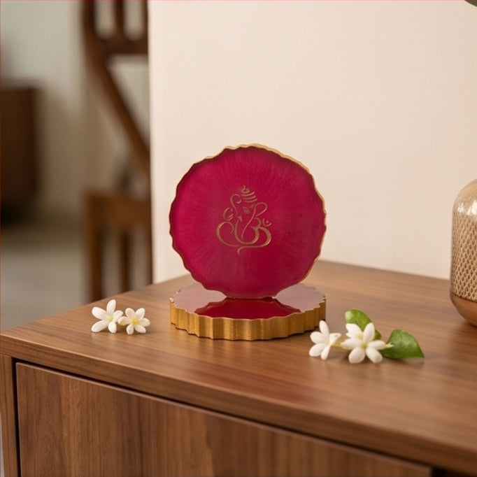 Pink Resin Ganesha Keepsake with Gold Scalloped Edge