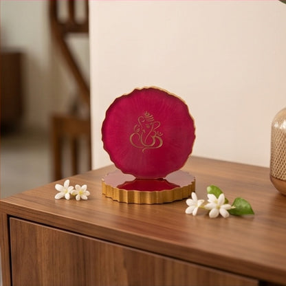 Pink Resin Ganesha Keepsake with Gold Scalloped Edge
