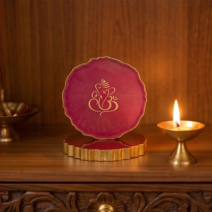 Pink Resin Ganesha Keepsake with Gold Scalloped Edge