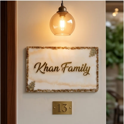 White Marble Gold Glitter House Name Plate