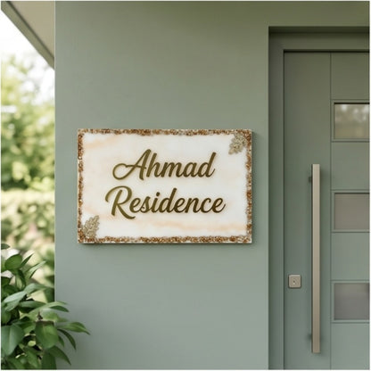 White Marble Gold Glitter House Name Plate
