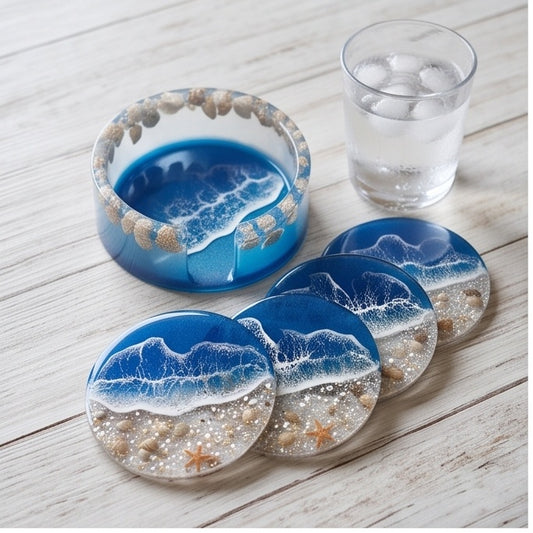 Ocean Wave Resin Coaster Set with Holder