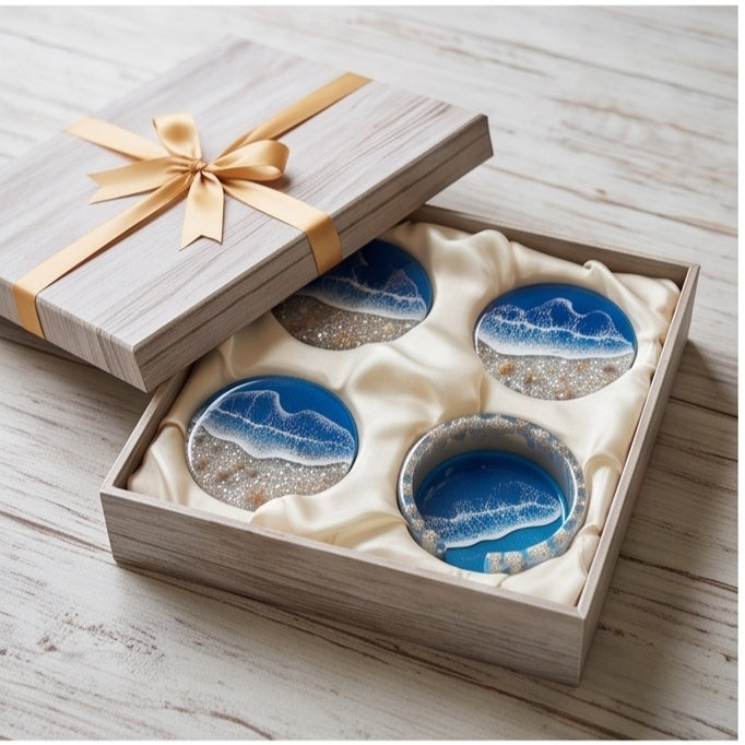 Ocean Wave Resin Coaster Set with Holder
