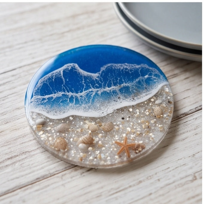 Ocean Wave Resin Coaster Set with Holder