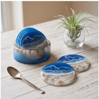 Ocean Wave Resin Coaster Set with Holder