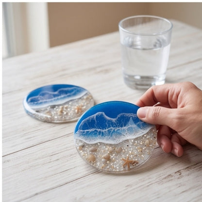 Ocean Wave Resin Coaster Set with Holder